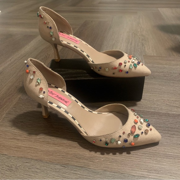 Betsey Johnson Bejeweled Kitten Heels Nude Rainbow Gems - Picture 3 of 6